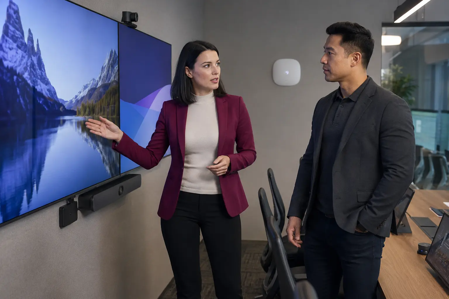 Technology consultants demonstrating smart workplace solutions