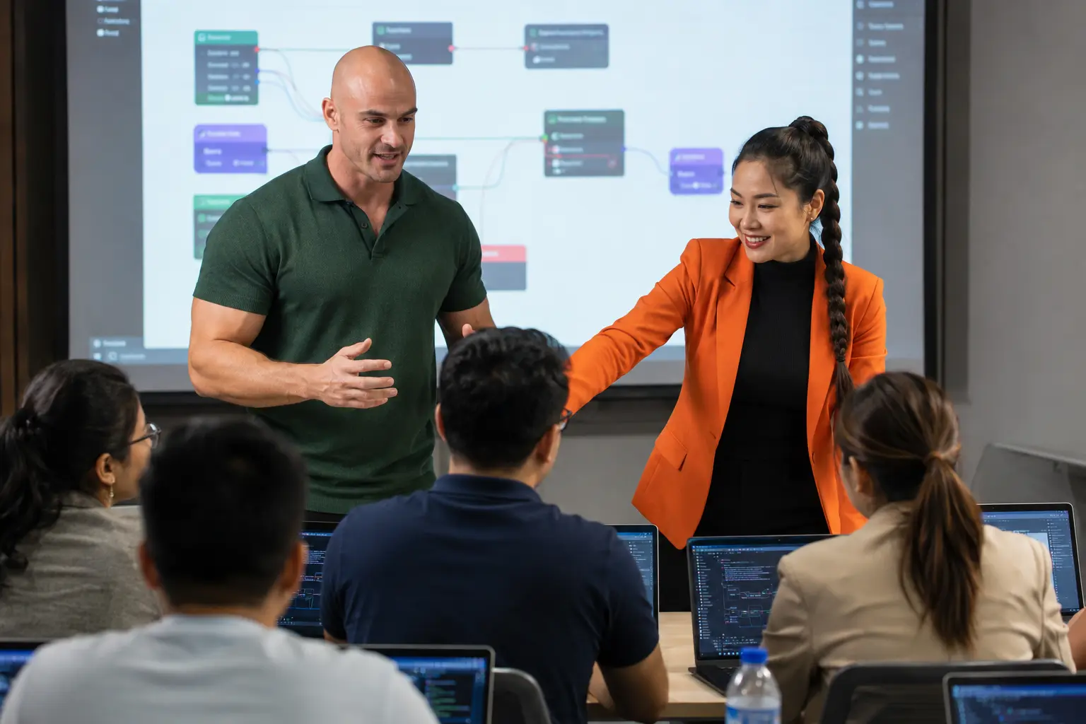 Technology trainers facilitating an AI automation bootcamp